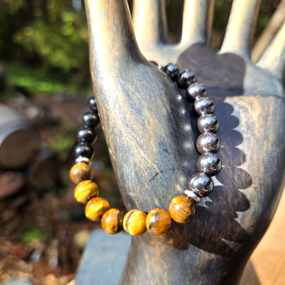 Tigers Eye Pyrite & Onyx natural crystal gemstone stretch bracelet